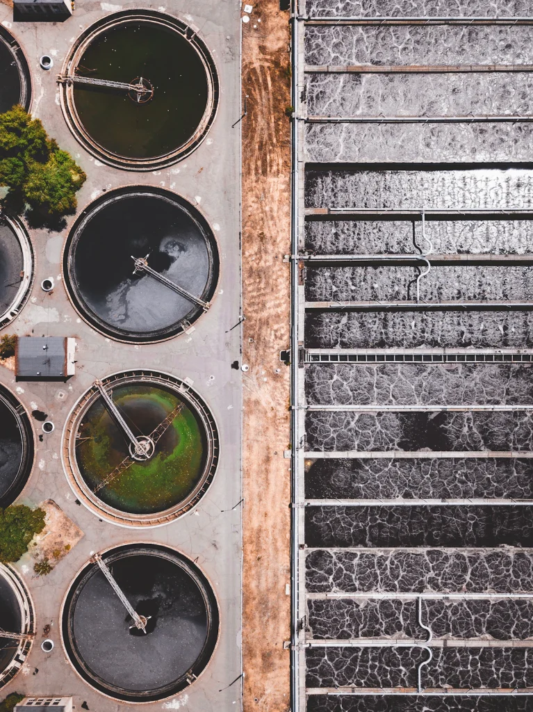 Aerial view of wastewater treatment basins